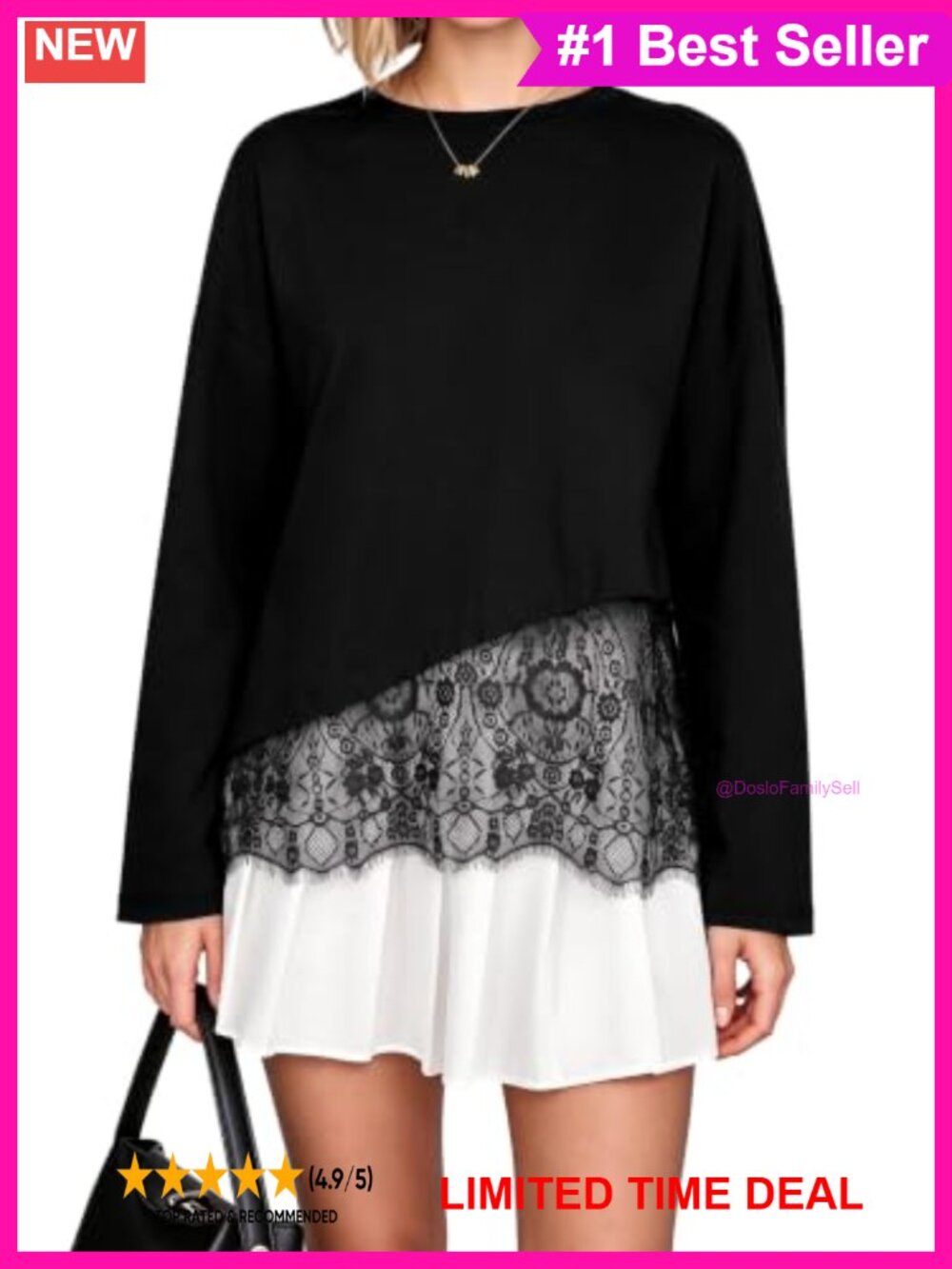 Lace Trim Long Sleeve Cotton Top Casual Drop Shoulder Crew Neck